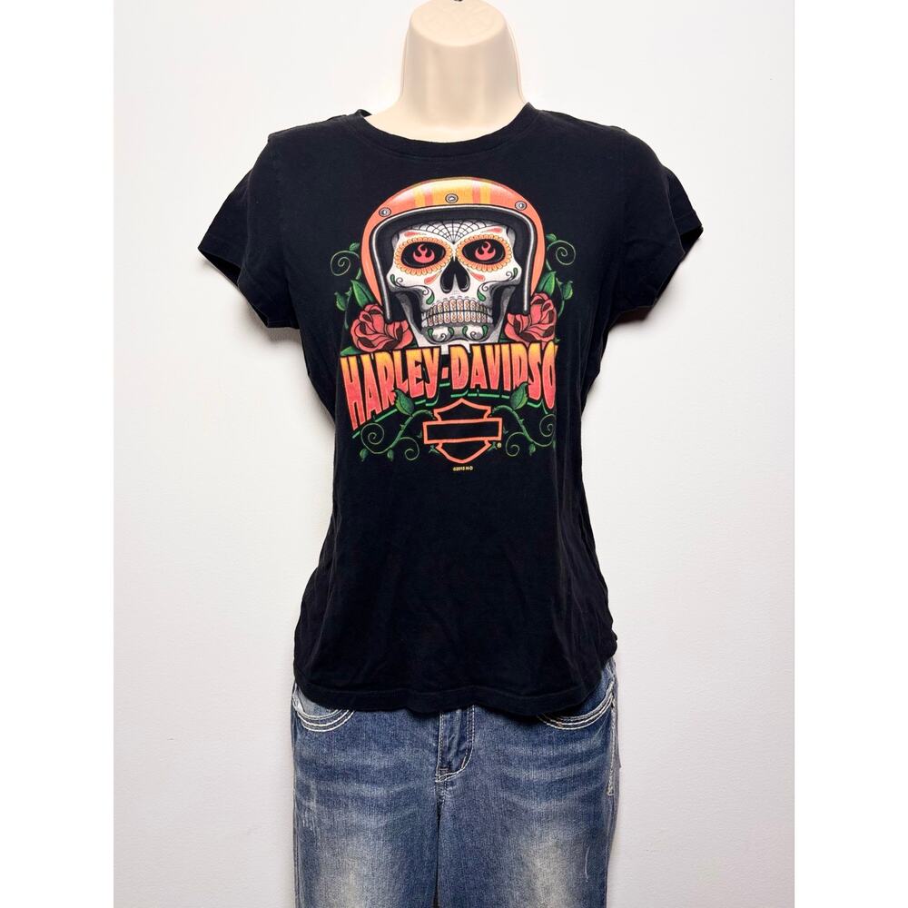 Harley Davidson Black Sugar Skull Flames Logo Graphic Baby Tee 2013